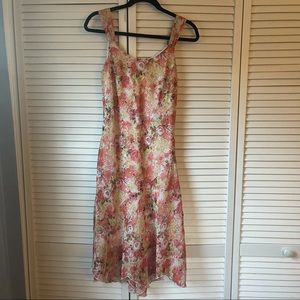 Floral Coral Sangria dress with Kim Rogers knit sweater